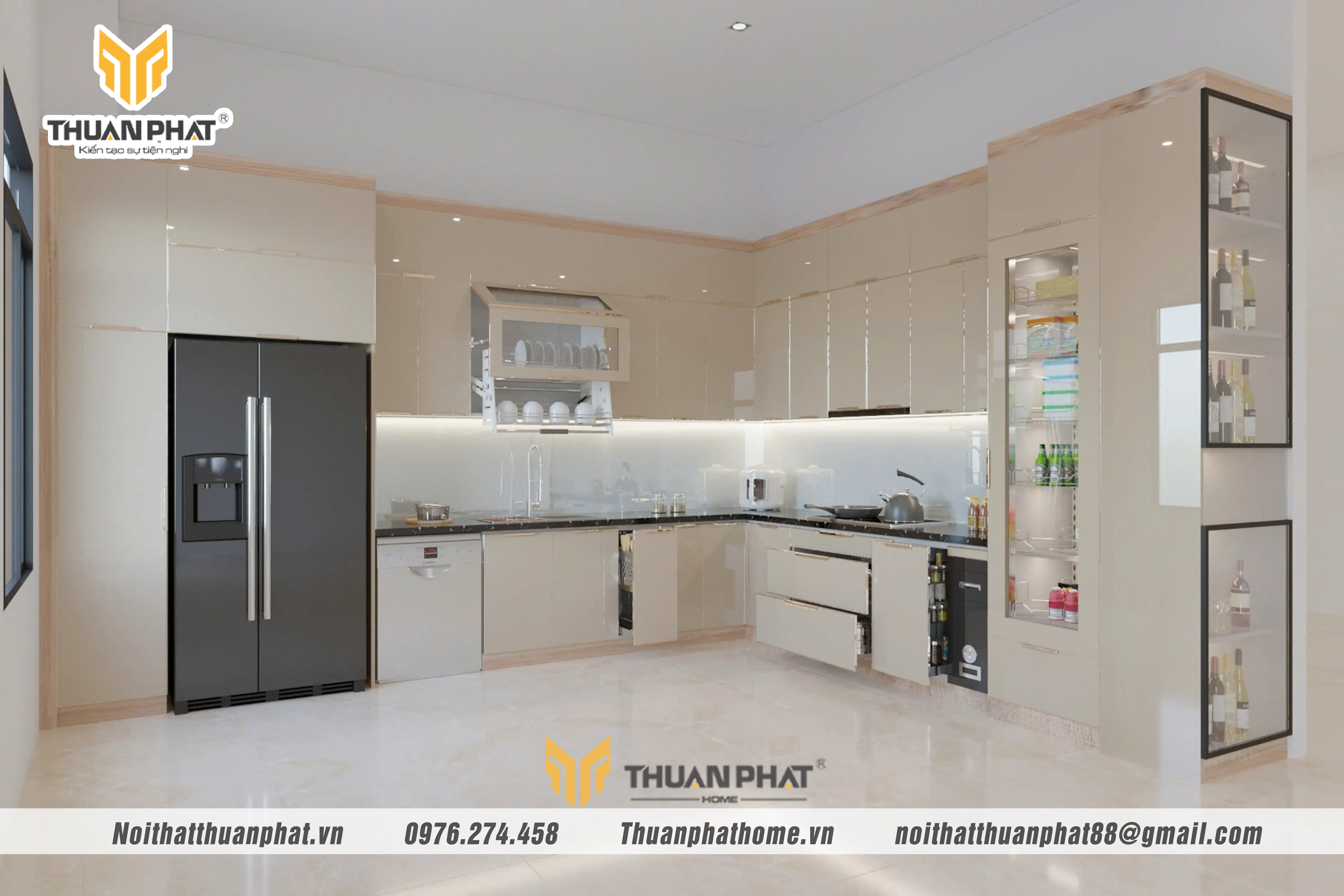 Bộ tủ bếp inox cánh kính be nhạt sang trọng nhà anh Thịnh